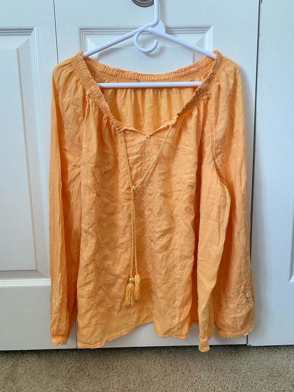 Lucky Brand Orange Embroidered Tassel Peasant Blouse Size XL
